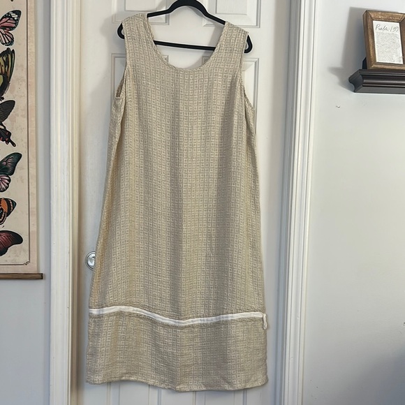 Flax Tan Sleeveless Sheath Dress Midi Scoop Neck 100% linen tan textured - Picture 1 of 6